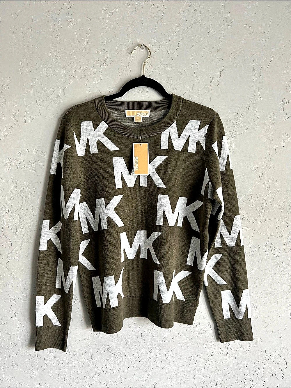 Michael Kors MK Logo Crewneck Sweater in Green & White Size Medium NWT